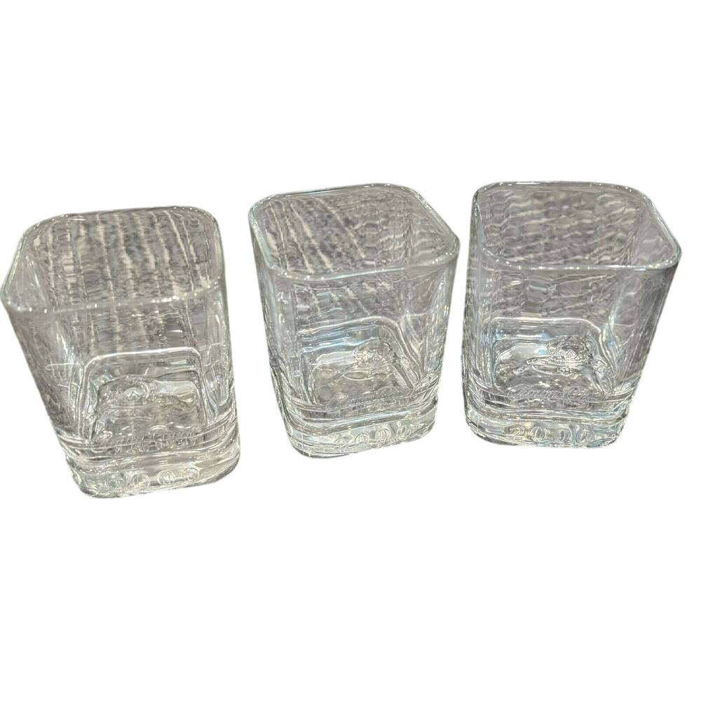 LOT SET OF 3 Crown Royal Glasses 2000 Embossed Square Rocks Lowball Heavy